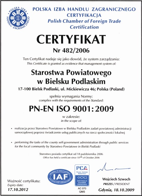 Certyfikat ISO 9001: 2009